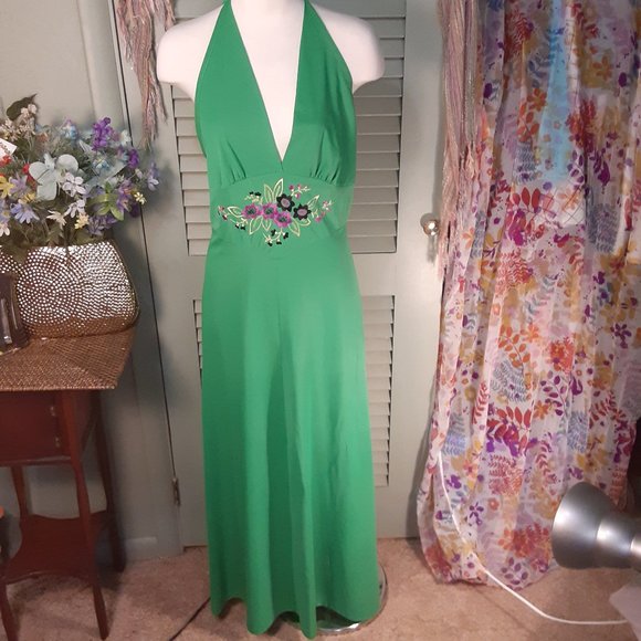 Vintage Dresses & Skirts - Vintage halter top deep V embroidered maxi dress S